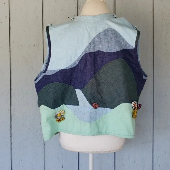 Vintage Vest Floral Flower Trees Mountains River Lake - Picture 5 of 16